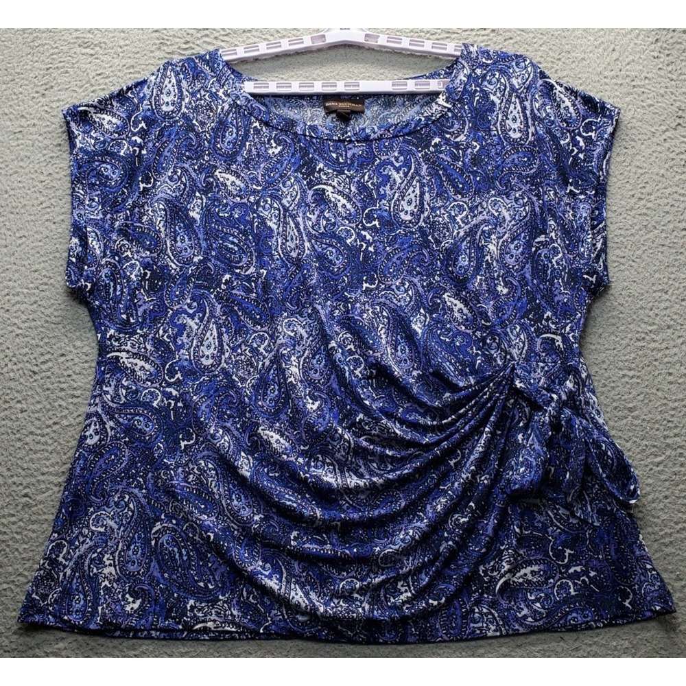 Dana Buchman Blouse Top Women 3X Multi Paisley Print Ruched Tie-Front Round Neck